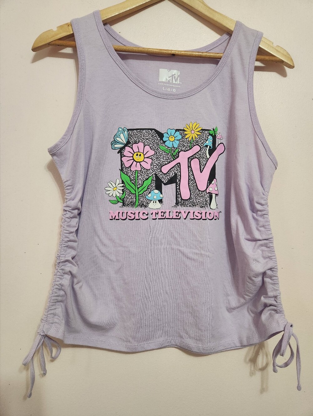 MTV Lilac Purple Ruched Side Graphic Tank Top Y2K Whimsigoth Mushroom Large
